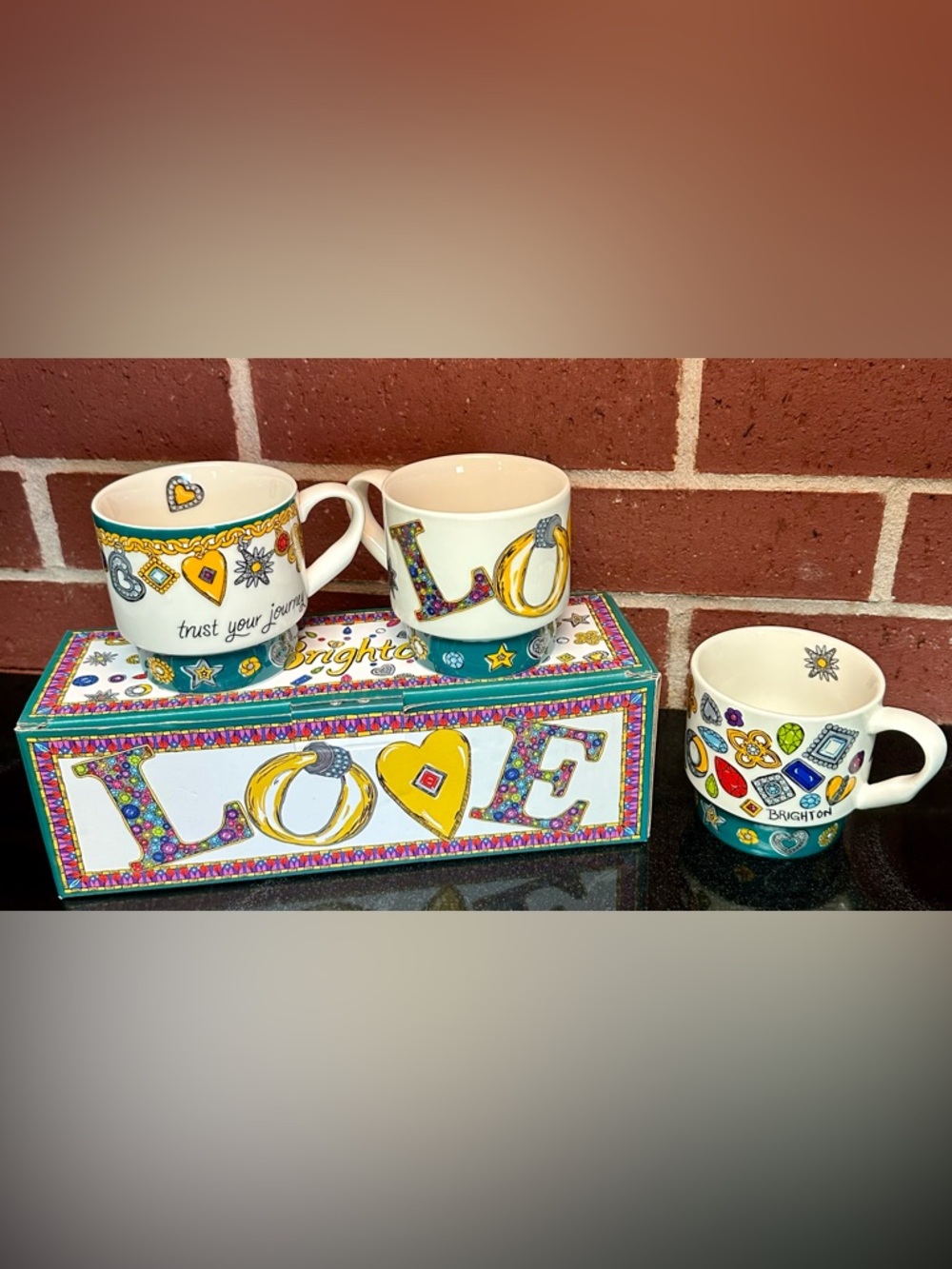 Brighton All You Need Is Love Stacking Cups Set of 3 Coffee Tea Mugs